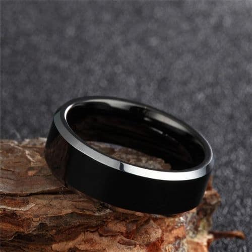 Polished black and silver tungsten ring for men