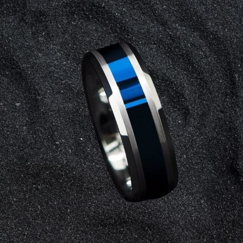 Highly polished blue and silver ring for men modern style design comfort fit