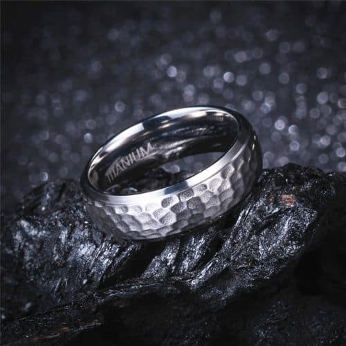 Hammered Titanium Silver Ring for Men