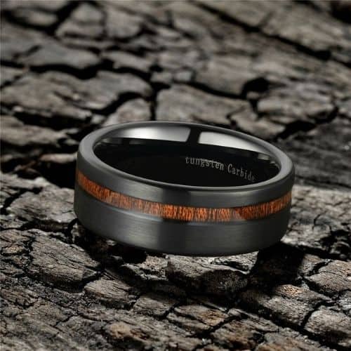 black wood mens ring brushed tungsten band 8mm modern style design