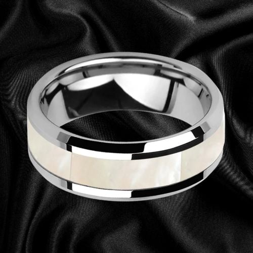 Tungsten Carbide Ring for Men Featuring an Inlay of White Mother of Pearl