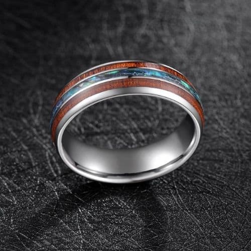 Mens silver Tungsten Ring with Natural Wood and Abalone Shell