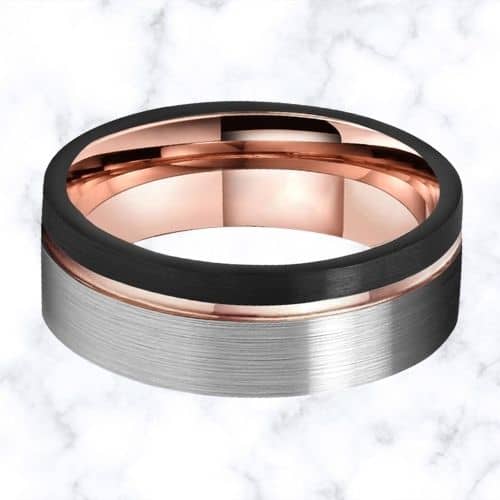 Tungsten Ring for Men with black silver and rose gold brushed