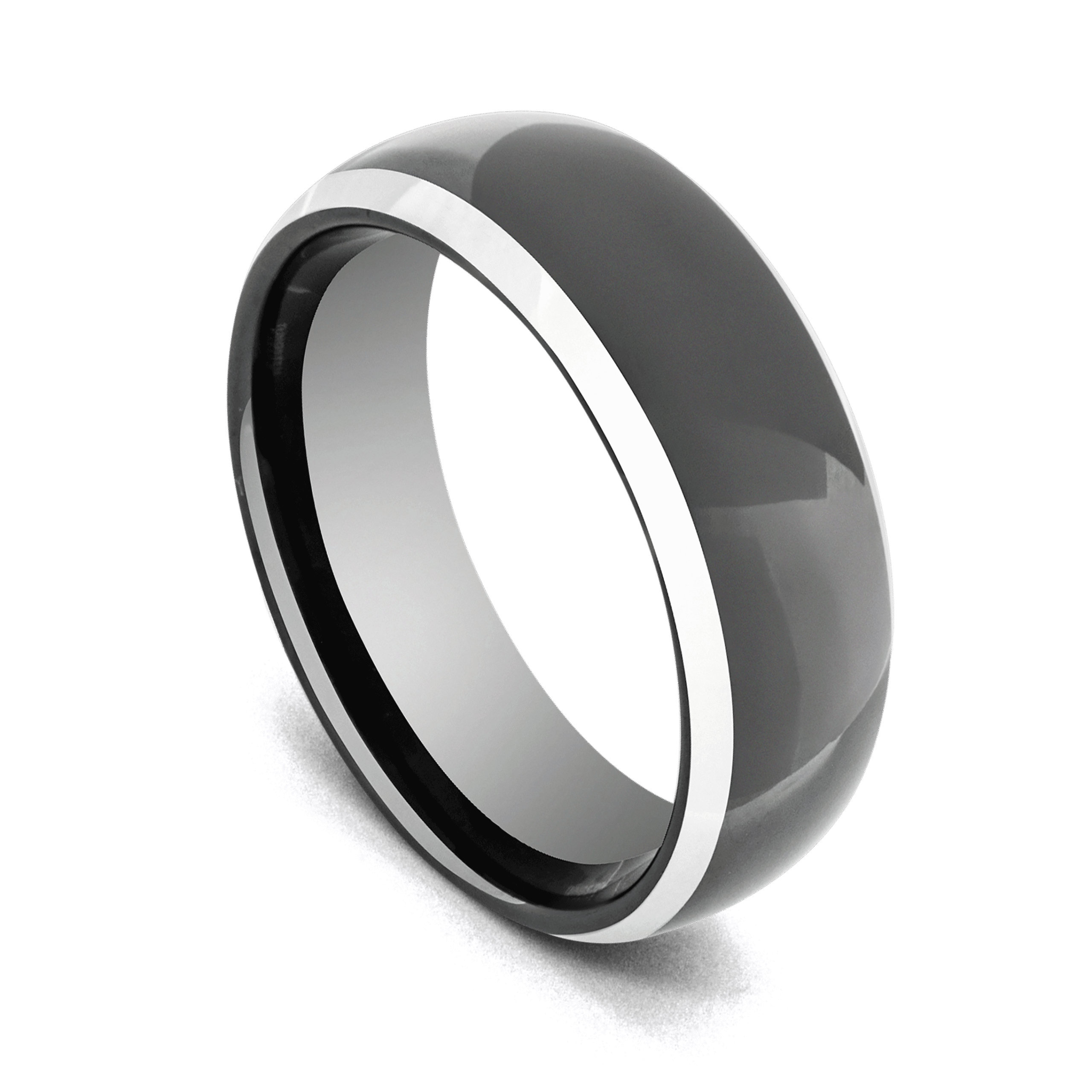Gleaming Black Tungsten Ring with Silver Edges