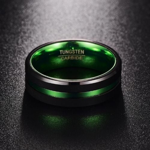 Tungsten Ring for Men - Black with Green in all sizes modern style design