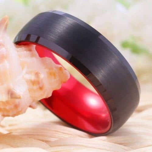 Stylish black and red mens tungsten ring modern style design