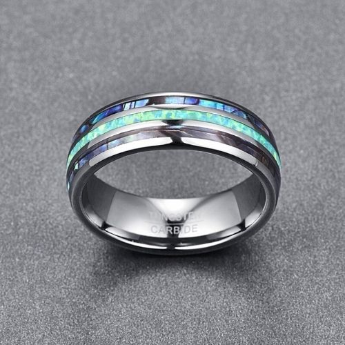 mens tungsten carbide ring with abalone shell and opal