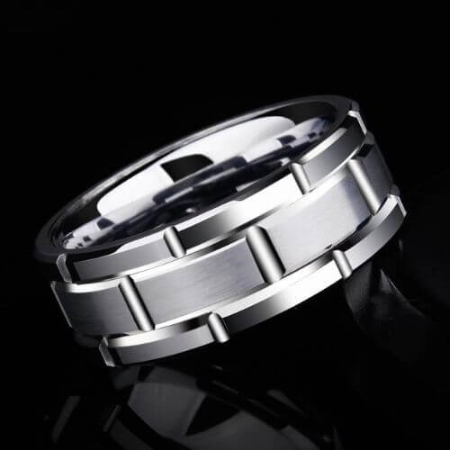 Mens Silver Tungsten Ring with block pattern polished brushed 8mm