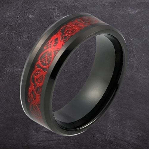 red mens ring with black rims tungsten and carbon fibre 8mm band