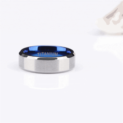 brushed silver mens ring with blue inside on titanium band in all sizes