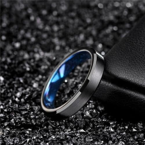 Men's Tungsten Ring - 4mm thin modern style design brushed black and blue inside
