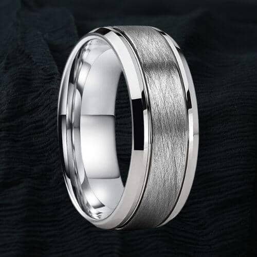 Silver Tungsten Ring - Grooved Centre and Bevelled Edges