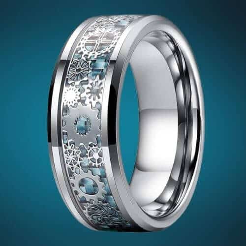 silver tunsgten ring for men with blue cogwheel design 8mm in all sizes