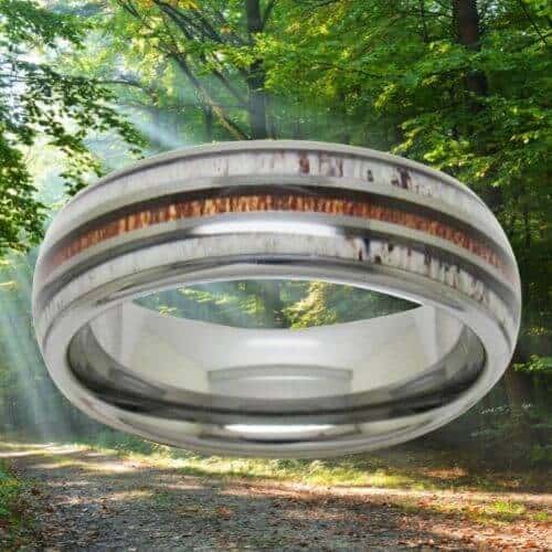 mens wood ring with antler 8mm silver tungsten