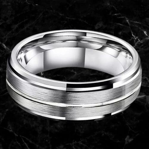 Silver tungsten ring for men brushed with centre groove