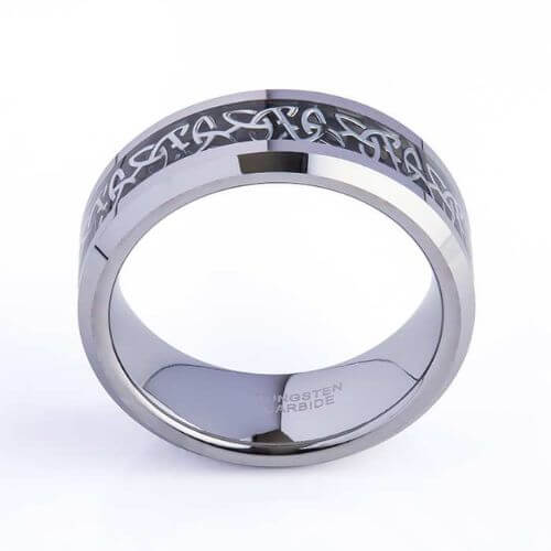 Men's silver tungsten ring with celtic pattern inlay black silver modern style design