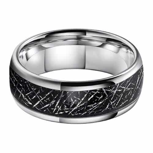 Domed black tungsten ring for men with inlay of imitation meteorite