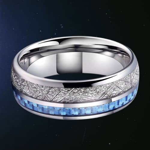 Men's silver ring with faux meteorite and blue carbon fibre inlays 