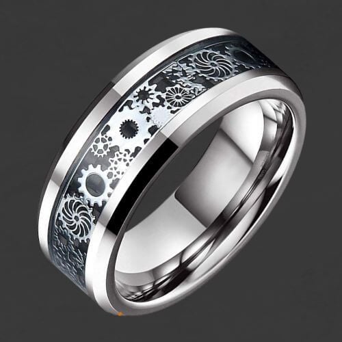 Men's band with cogs and wheels inlay modern style design 6mm 8mm tungsten band