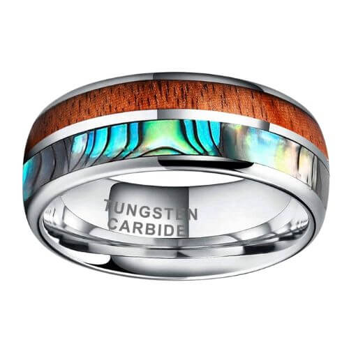 Tungsten, abalone shell, and wood ring for men modern style design 8mm 