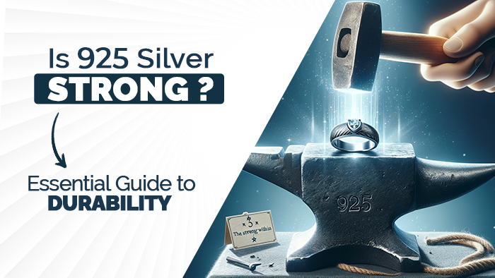 Hammer striking a 925 sterling silver ring on an anvil with 'Is 925 Silver STRONG?' headline and 'Essential Guide to DURABILITY' tagline.